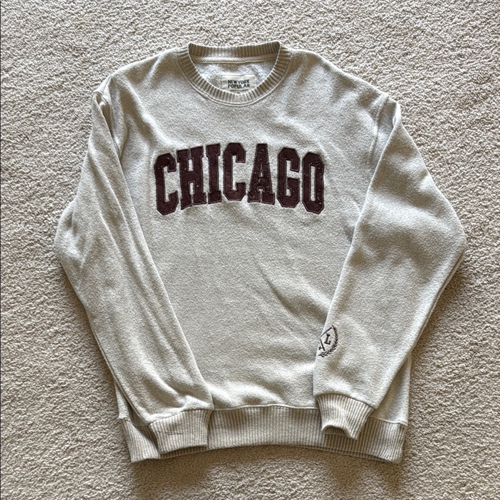 Cream and Brown Crewneck Sweater with Collegiate Style